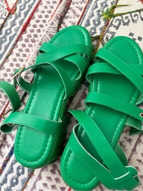 Green Strappy Women's Sandals - Vibrant Green Casual Flats